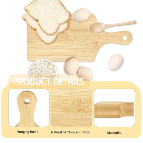 Bamboo cutting board with handle; natural wood color, 11x5 inches, stackable, front view