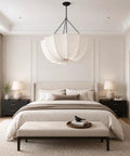 Finktonglan 19.7" White Pleated Fabric Chandelier hanging above a cozy farmhouse style bedroom with light bedding.