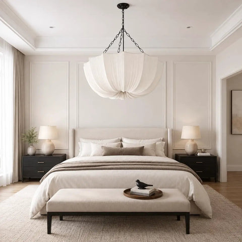Finktonglan 19.7" White Pleated Fabric Chandelier hanging above a cozy farmhouse style bedroom with light bedding.