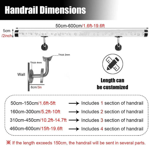 Handrail dimensions for Sleek Clear Acrylic Handrail Kit For Indoor Stairs And Hallways featuring clear tubes and stainless steel brackets.