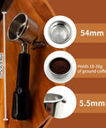 Professional Grade Three Ear Espresso Portafilter With Base And Double Spout Built From Premium Stainless Steel Compatible With Breville Makers, 54mm size details and coffee capacity.