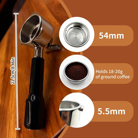 Professional Grade Three Ear Espresso Portafilter With Base And Double Spout Built From Premium Stainless Steel Compatible With Breville Makers, 54mm size details and coffee capacity.