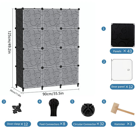 Illustration of a 12 Cube Storage Organizer With Doors For Bedroom And Living Room DIY Plastic Closet Shelf Modular Bookshelf Stackable Cube Shelving Rack Black Dope Easy Assembly For Apartment Living And Home Organization showing dimensions and components including panels, connectors, and a hammer.