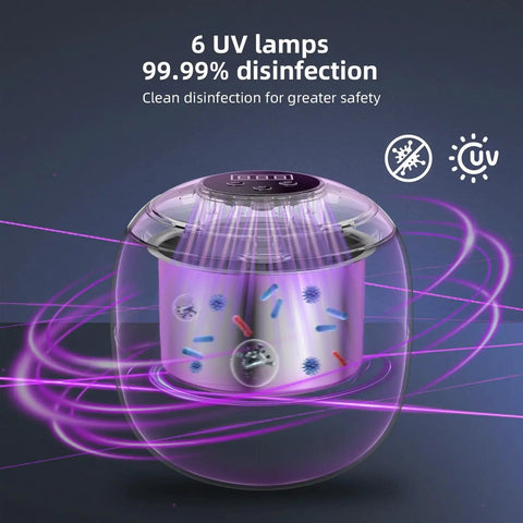 Cordless Ultrasonic Retainer Cleaner With 48kHz Vibration, 210ml Tank, 6 UV Lamps showing UV sterilization process