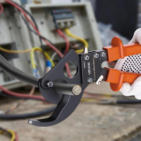 Heavy Duty Ratcheting Cable Cutter Tough As Nails Spring Steel Blades With Killer Grip Handles Quick Release Lever in action cutting thick wire.