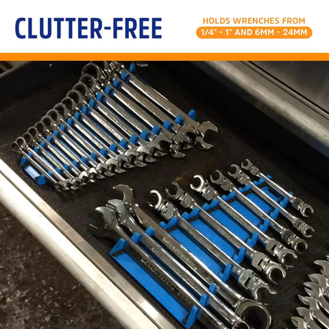Wrenches neatly organized in a toolbox using the 12 Piece Reversible Red Wrench Rack Wrench Organizer For Tool Box Storage Easy Access
