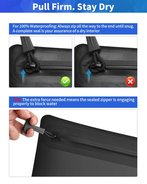 Zipper sealing instructions for IPX8 Waterproof Document Bag Submersible One Meter For Business Travelers And Boating Keep Your Legal Docs Passports And Valuables Bone Dry In Rain Or Spills Large 15.3 By 11.8 Inch Portable Zipper Pouch