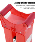 Depth Adjustable Hand Push Garden Seeder for Corn and More with red seed loading component and plastic baffle for fertilizer