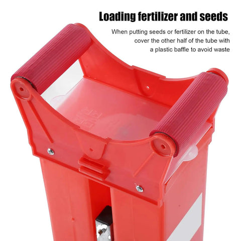Depth Adjustable Hand Push Garden Seeder for Corn and More with red seed loading component and plastic baffle for fertilizer
