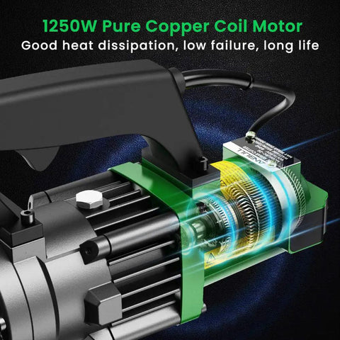 Close-up of Heavy Duty Anbull 1350W Electric Hydraulic Rebar Cutter's pure copper coil motor showcasing design and features.