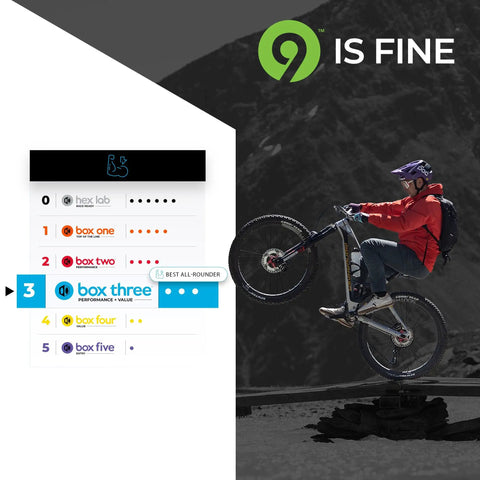 Cyclist performing a wheelie on a trail with mountain backdrop and Prime 9 rating overlay