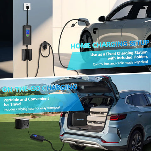 Heavy Duty Portable EV Charger Level 2, 32 Amp 25 FT Cord, Nema 14-50 Plug Sae J1772 Connector, 7.68Kw Fast Charging setup in home and travel.