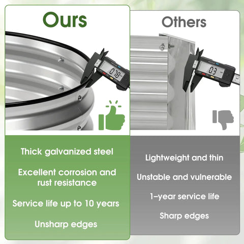 Comparison of Tough Oval Galvanized Raised Garden Bed For Outdoors, highlighting thick galvanized steel and unsharp edges.