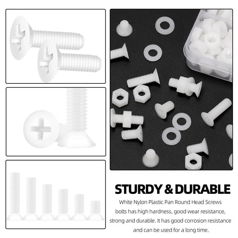 Top Shelf 360 Piece M5 Nylon Phillips Countersunk Head Machine Screws Kit With Hex Nuts And Washers In White Assorted lengths 8 10 12 15 20 25mm assorted screws in white.