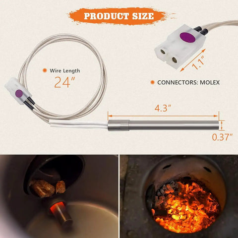 2 Pack Hot Rod Igniter Kit Replacement For Pit Boss Pellet Grills Igniter Rod Heating Element Compatible With Pit Boss Traeger Camp Chef Includes 2 Fuses with wire length and installation view