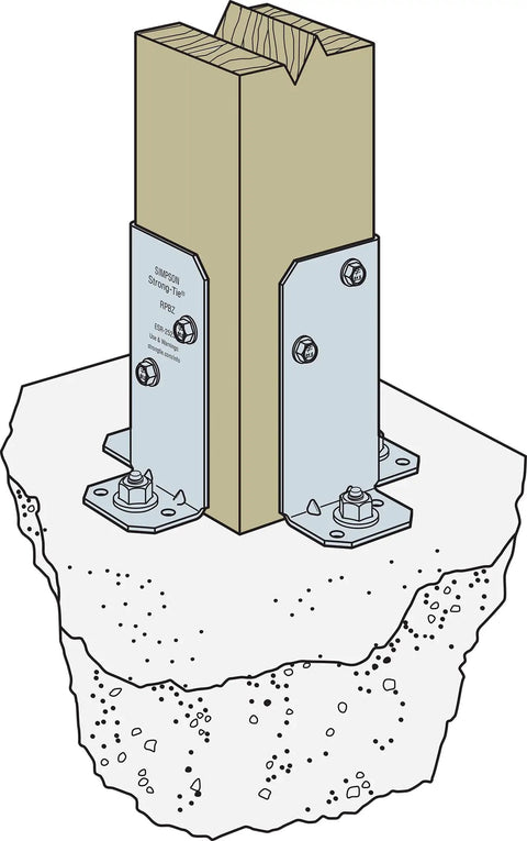 RPBZ ZMAX Galvanized Retrofit Post Base For Double 2x4 Posts Pack Of 12 attached to concrete with bolts for outdoor structures.