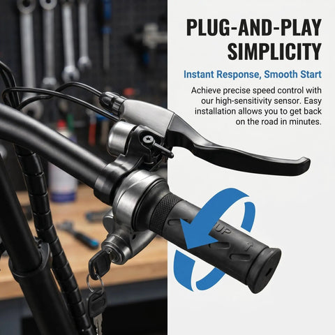 Full Twist 22mm Throttle Grip For E Bike And Scooter Universal 22mm Clamp shown with easy installation on handlebars.