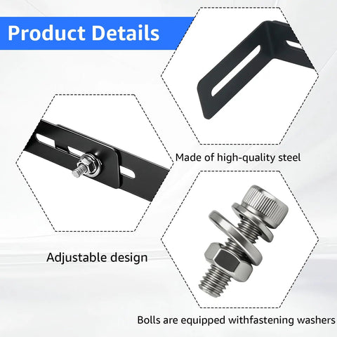 Product details of Adjustable Universal Mounting Bracket For CB And Ham Radios And Scanners, wide fit, steel bolts and washers.