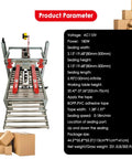 Full Automatic Double Flap Case Sealer Tape Machine For Folding Cartons adjusts sealing width from 3.15 to 19.68 inches, shown with parameters.