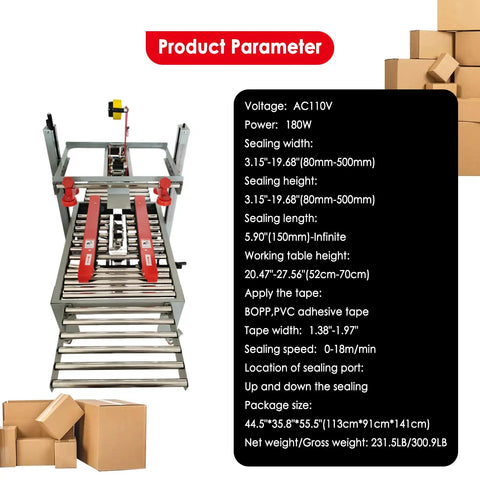Full Automatic Double Flap Case Sealer Tape Machine For Folding Cartons adjusts sealing width from 3.15 to 19.68 inches, shown with parameters.