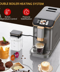 Pull The Perfect Shot With This Fully Automatic Espresso Machine Featuring Built In Grinder And Milk Frother Steam Wand For Smooth Daily Grinds And Top Shelf Sips Grey on kitchen countertop with coffee.