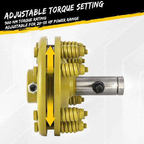 Real Deal 1 3/8 In PTO Slip Clutch Slick Round Ends Adjustable Tractor Friction Clutch showing adjustable torque setting and yellow finish.