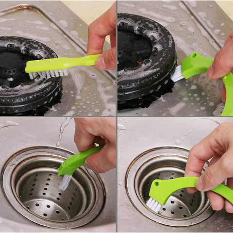 3 In 1 Grout Cleaner Brush With Long Handle For Tile Joints And Shower Grout Scrub Brush Stiff Bristles in use on sink and stove