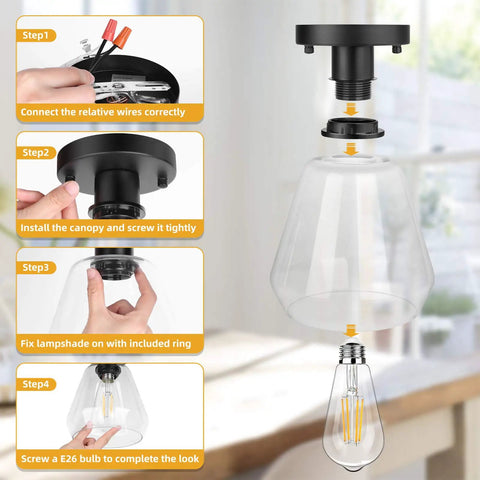 Installation steps for 2 Pack Modern Industrial Semi Flush Mount Ceiling Lights With Clear Glass Shades In Matte Black, E26 Socket.