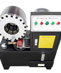 Rugged Electric Hydraulic Hose Crimping Machine With Ten Interchangeable Dies And Badass 3600 KN Crushing Force For No Sweat Rubber Tube Fixes On Any Workbench Today, showcasing control panel and crimping chamber.