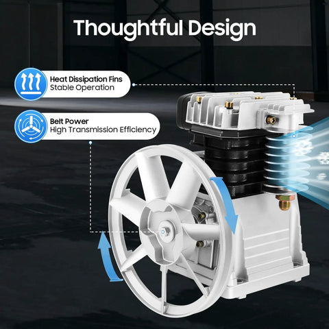 Beefy 3HP Twin Cylinder Air Compressor Pump Head With Silencer showing heat dissipation fins and belt power features