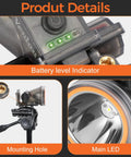 Close-up of battery level indicator and mounting hole on Rechargeable Underwater Diving Headlamp With 4 Modes IPX8 Waterproof Scuba Flashlight.
