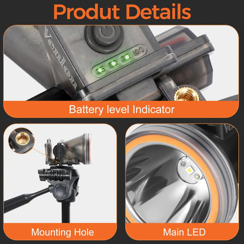 Close-up of battery level indicator and mounting hole on Rechargeable Underwater Diving Headlamp With 4 Modes IPX8 Waterproof Scuba Flashlight.