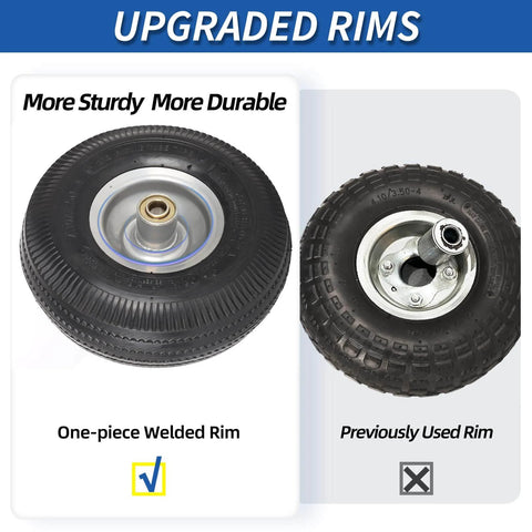 Comparison of a new and old wheel from Two Pack 10 Inch Pneumatic Tire And Wheel Set For Hand Trucks And Garden Carts 4.10/3.50-4 with hub