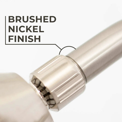 Close-up of brushed nickel finish on High Rise Shower Head Extension Arm With Flange 10.5 Inch Gooseneck S Shaped Design.