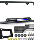 Thin Blue Line License Plate Frame With Carbon Fiber Look Patriotic Black Aluminum Car Tag Holder American Flag Design Includes Screws Cap Covers And Decal Great Cop Gift For Law Enforcement 1 Pack with accessories