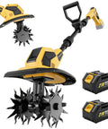 Cordless Garden Tiller Cultivator with 48 steel tines, 360 RPM rototiller, 9.7 inch width, 7 inch depth, 2x4Ah batteries shown