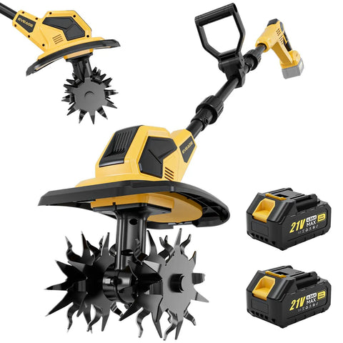 Cordless Garden Tiller Cultivator with 48 steel tines, 360 RPM rototiller, 9.7 inch width, 7 inch depth, 2x4Ah batteries shown