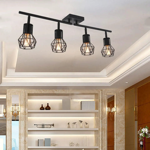 Get Your Kitchen Looking Fresh With These Adjustable Industrial Black Track Lighting Fixtures That Rotate Fully For Perfect Ceiling Lighting In Living Room Dining And Hallway Spaces, shown in an elegant room