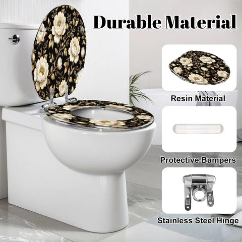 Elongated Peonies roses Floral vintage seamless Gold white Toilet Seat made of durable resin with soft-close hinge.