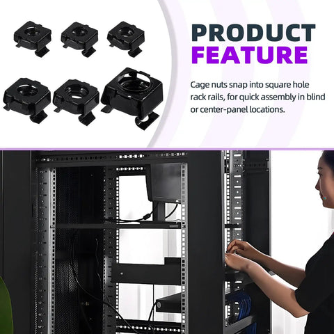 Heavy Duty Black Zinc Plated Carbon Steel Cage Nuts 48 Pc Assortment Snap In Rack Rail Retainer Hardware for Server Cabinets and Telecom Racks M4 Through M12 installed in rack system.