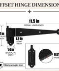 Steel Blind Shutter Hinges 4 Pack 11.75 Inch Black Wrought Iron Offset Pintle Strap Hinges With 2 S Hooks Heavy Duty Rust Resistant Hardware Kit Built To Last Tough As Nails Indoor Outdoor Use dimensions diagram, 11.5in hinge length, black wrought iron