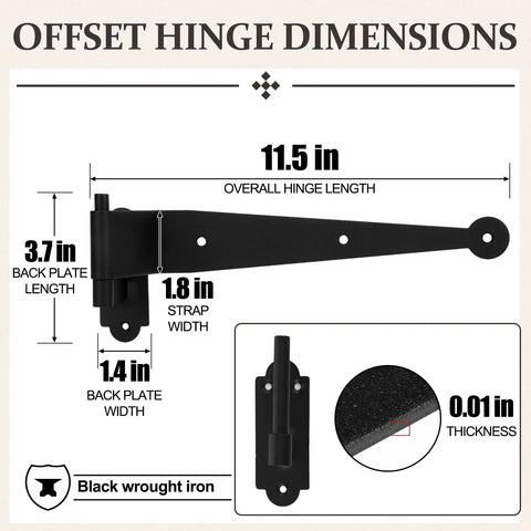 Steel Blind Shutter Hinges 4 Pack 11.75 Inch Black Wrought Iron Offset Pintle Strap Hinges With 2 S Hooks Heavy Duty Rust Resistant Hardware Kit Built To Last Tough As Nails Indoor Outdoor Use dimensions diagram, 11.5in hinge length, black wrought iron