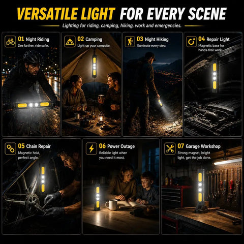 Collage showing a versatile bike headlight and taillight set used in various settings: city night rides, camping, hiking, and repair work.