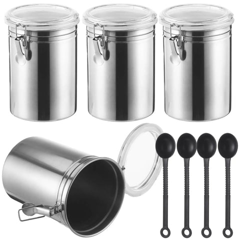 Heavy Duty Stainless Steel Canisters With Airtight Lock Buckles No Sweat Food Storage Jars, 4-piece set with black spoons.