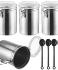Straight Up Essential Stainless Steel Canister Set With Four Durable Spoons And Clear Lock Buckle Lids, silver canisters and black spoons.