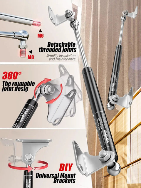 2 Pack 15 Inch Soft Close Gas Struts Heavy Lid Lift Support 67Lb 300N with detachable joints and universal mount brackets