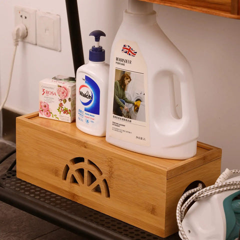 Extra Large Bamboo Cable Management Box With Lid For Cords And Power Strips Or Surge Protectors under cleaning products on shelf