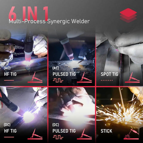 6-in-1 welding functions including AC/DC HF and Pulsed TIG, Spot TIG, Stick using Dual Voltage Aluminum TIG Welder With Pulse