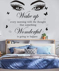 Motivational Quote Wall Stickers Set With Giant Eye Art And Butterflies above bed, inspiring decor for bedroom.