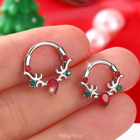Bold 16G Christmas Themed Septum Ring Green And Red Stainless Steel 316L V Shaped Teardrop Daith Clicker Cartilage Earring